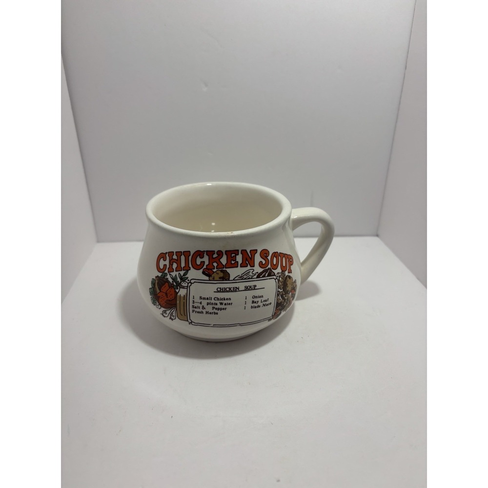 Vintage Ceramic Recipe Chicken Soup Bowl Mug Cup Retro 70s Recipe Handle